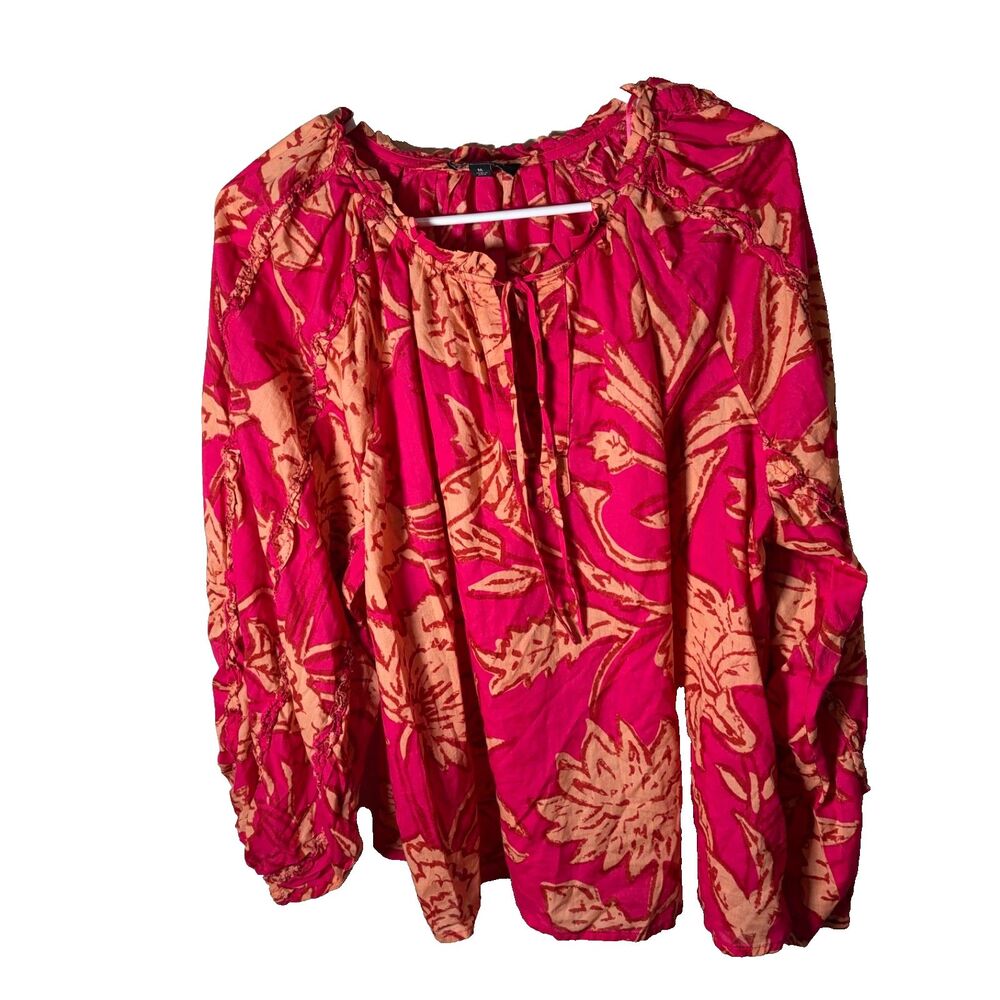 Calligraphie Blouse Women's Medium Pink Floral Boho Long Sleeve Ruffle Top